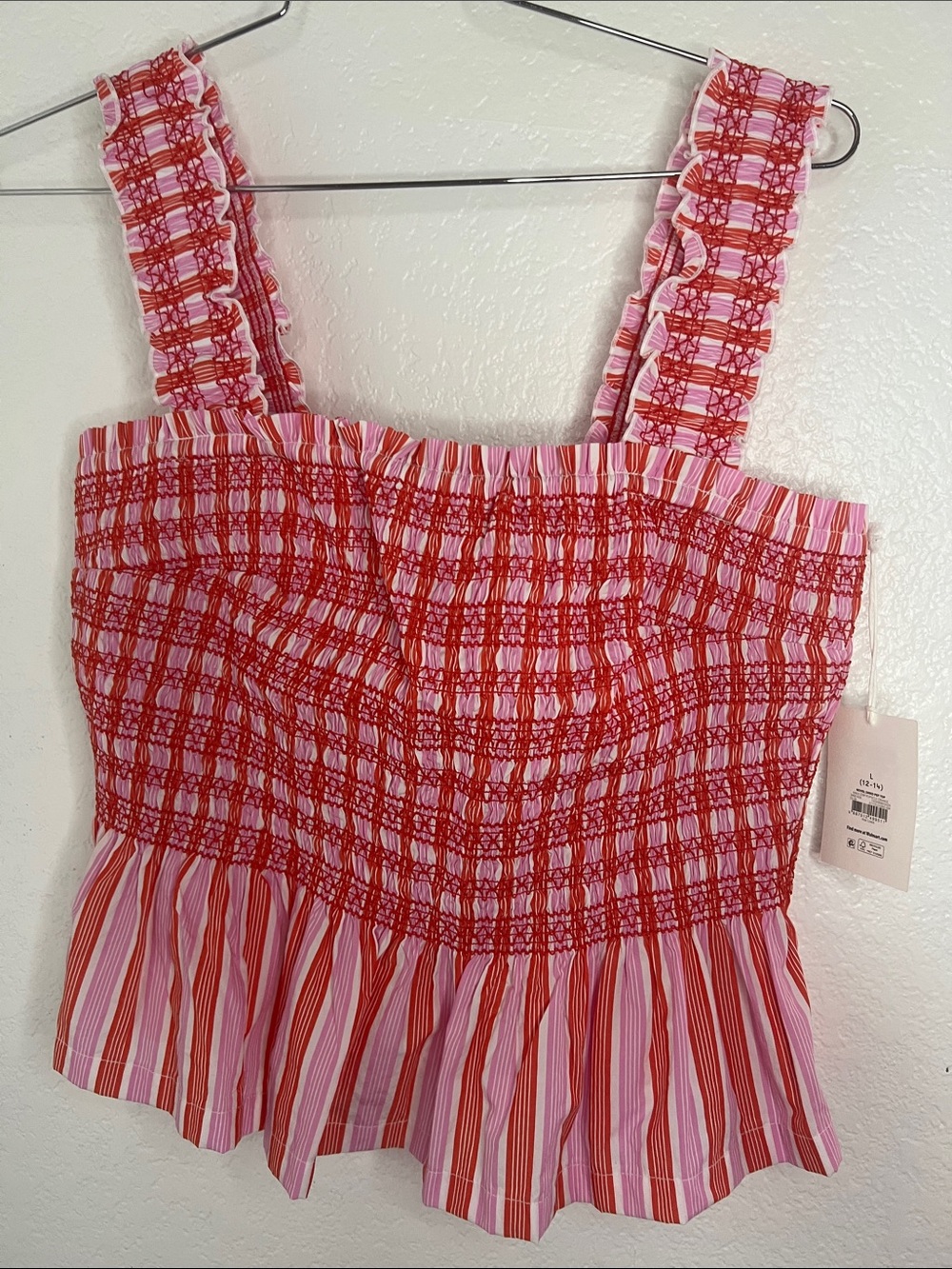 New free assembly Smocked Ruffle-Strap Tank Top - Pink & Orange Stripe large - Picture 2 of 8